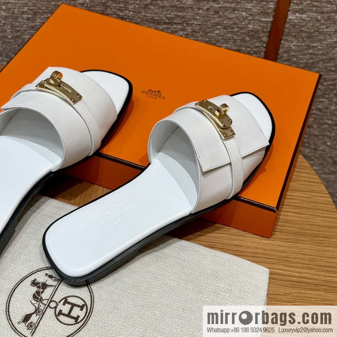HERMES 183Kelly tow sandals Giulia calfskin /Calfskin white/01/Blanc