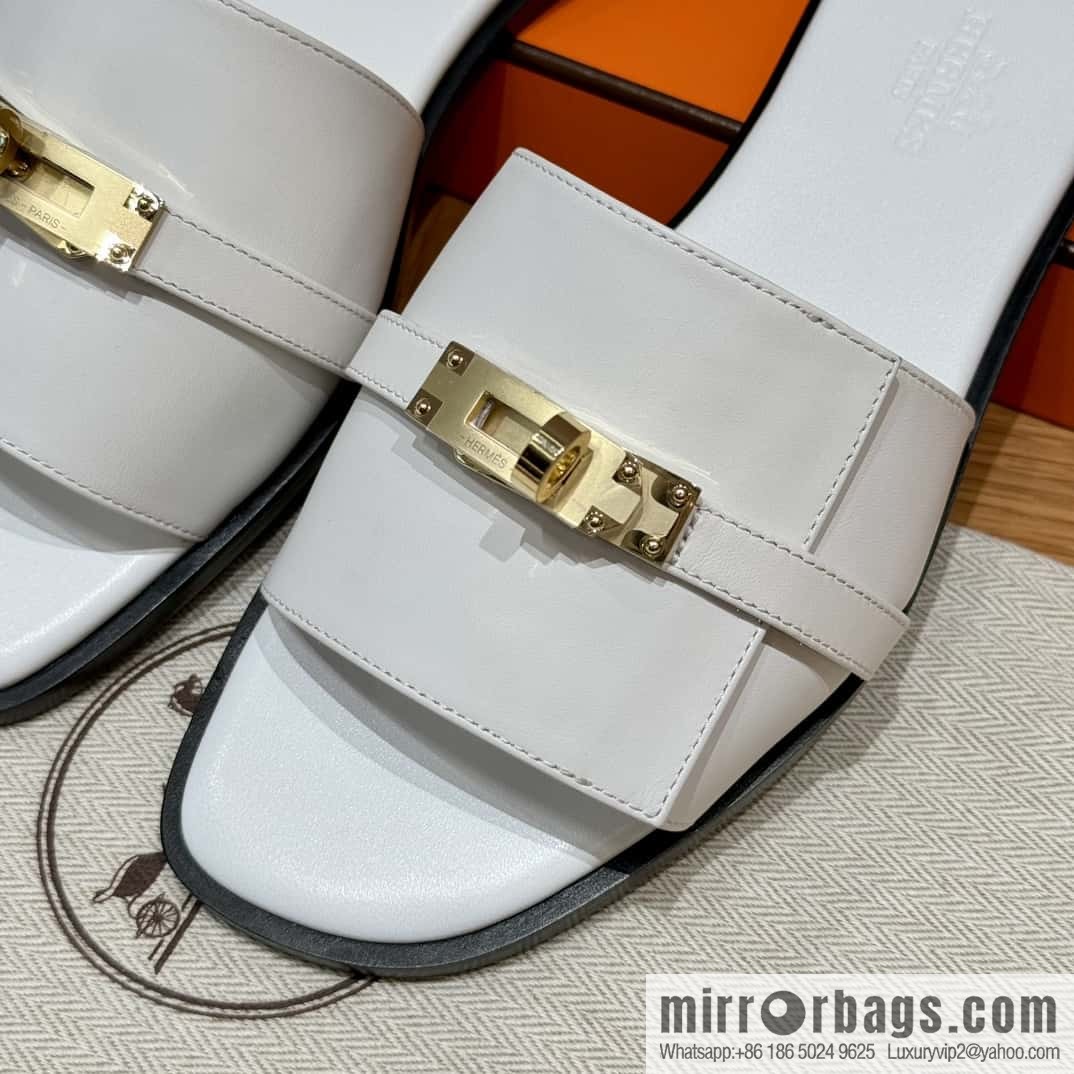 HERMES 183Kelly tow sandals Giulia calfskin /Calfskin white/01/Blanc