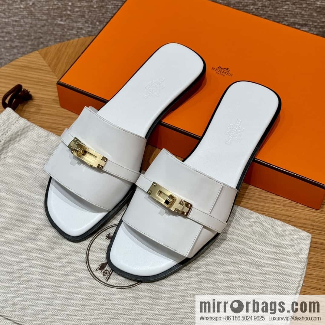 HERMES 183Kelly tow sandals Giulia calfskin /Calfskin white/01/Blanc