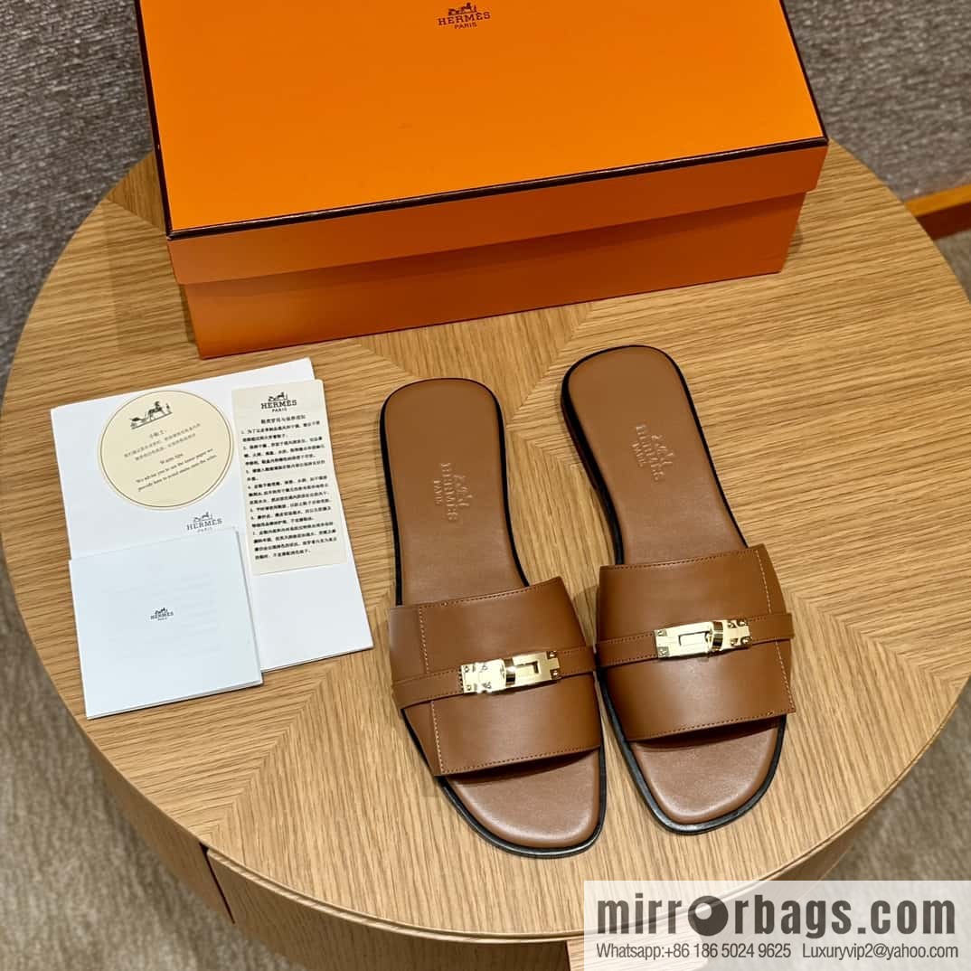 HERMES 183Kelly tow sandals Giulia calfskin /Calfskin gold brown/ck37/gold