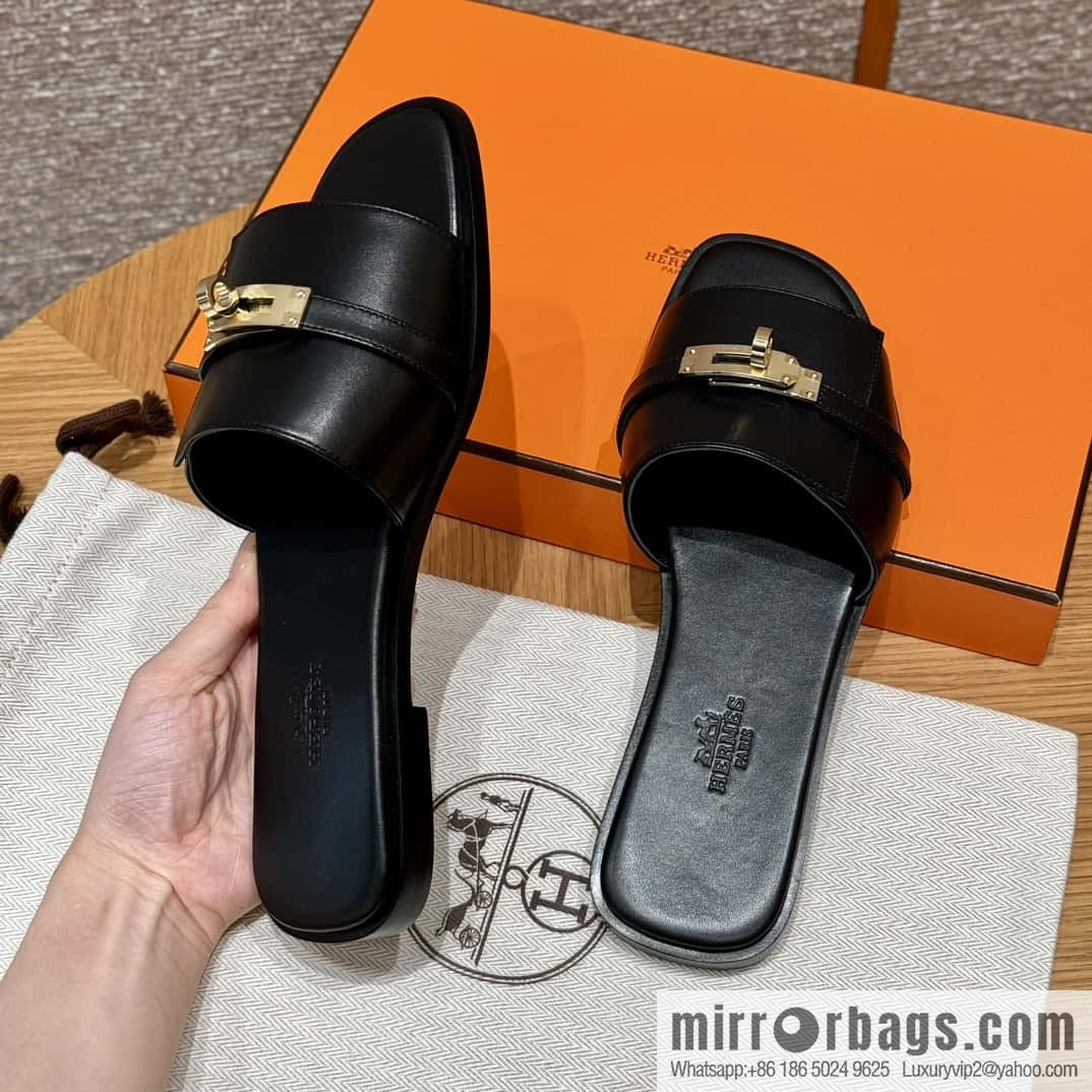 HERMES 183Kelly tow sandals Giulia calfskin /Calfskin black/CK89/Noir