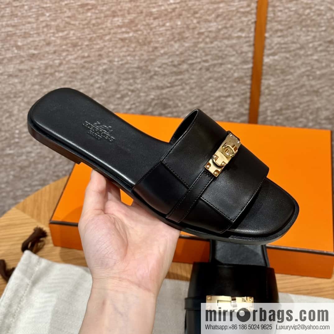 HERMES 183Kelly tow sandals Giulia calfskin /Calfskin black/CK89/Noir