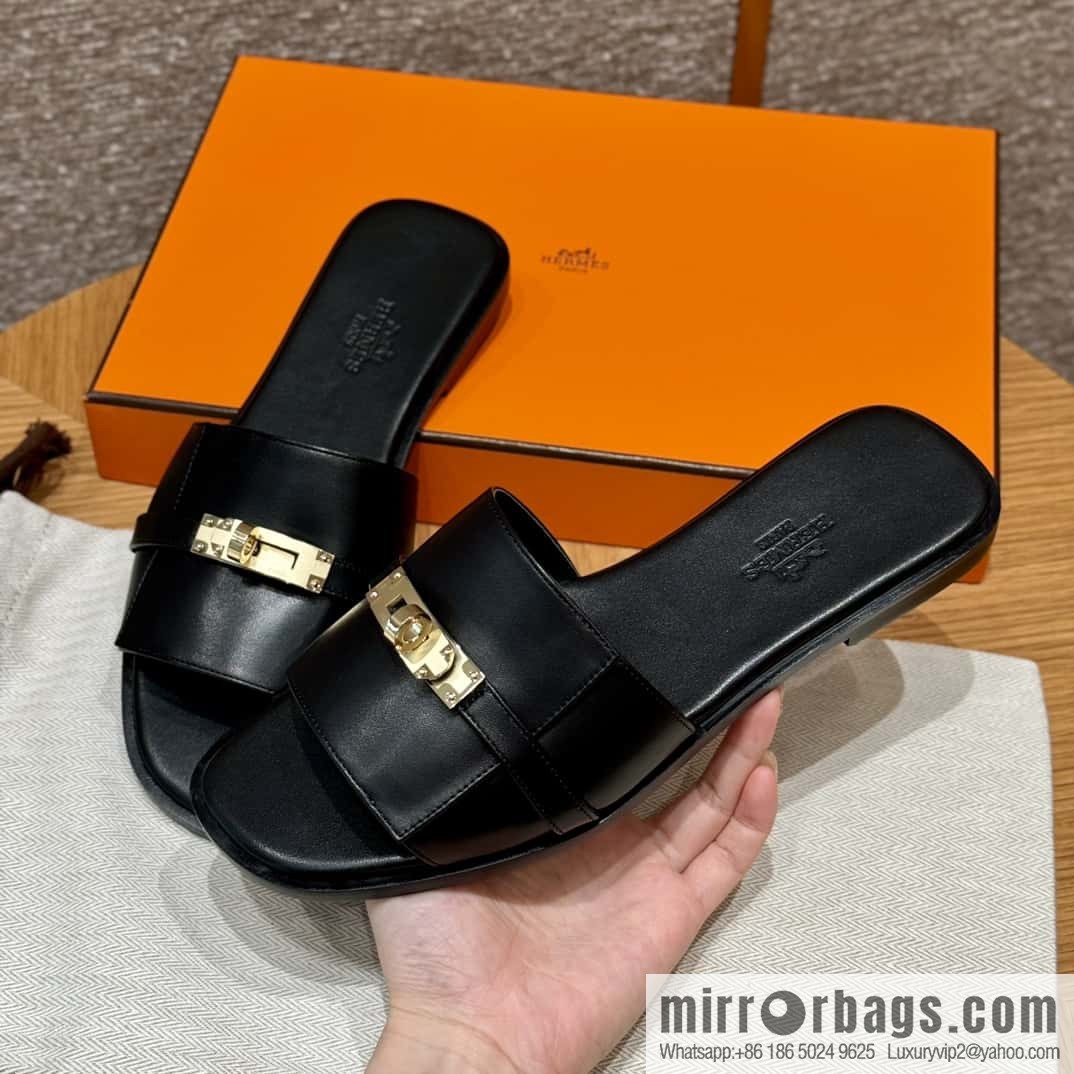 HERMES 183Kelly tow sandals Giulia calfskin /Calfskin black/CK89/Noir