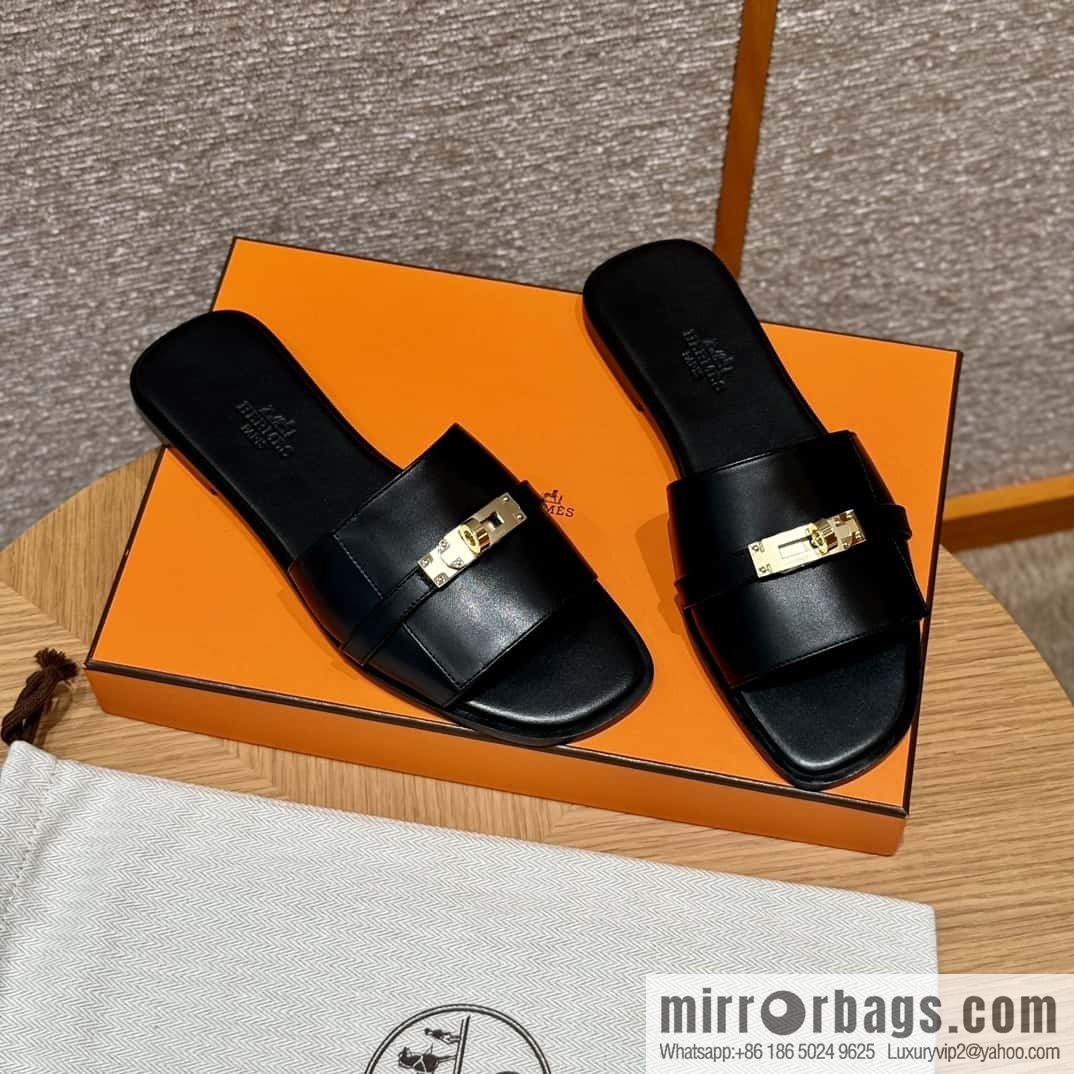 HERMES 183Kelly tow sandals Giulia calfskin /Calfskin black/CK89/Noir