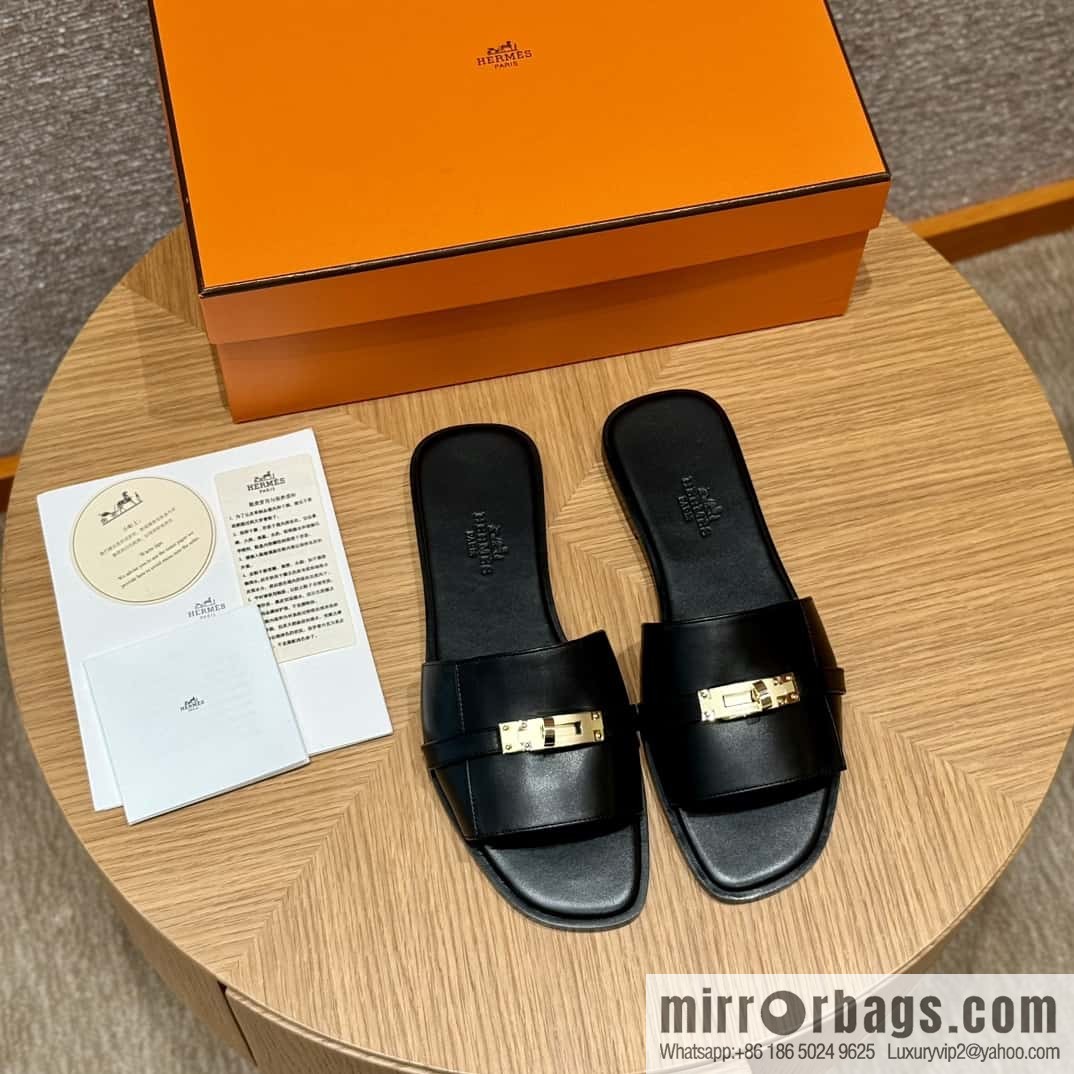 HERMES 183Kelly tow sandals Giulia calfskin /Calfskin black/CK89/Noir