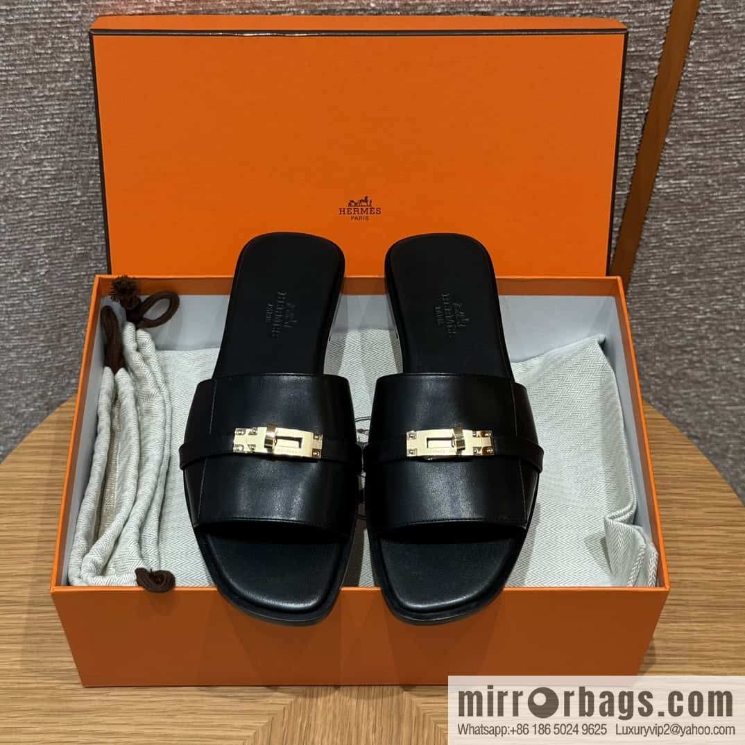 HERMES 183Kelly tow sandals Giulia calfskin /Calfskin black/CK89/Noir