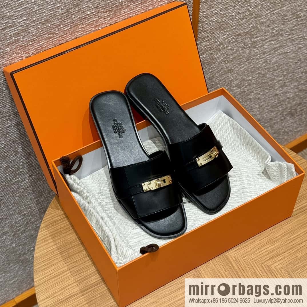 HERMES 183Kelly tow sandals Giulia calfskin /Calfskin black/CK89/Noir