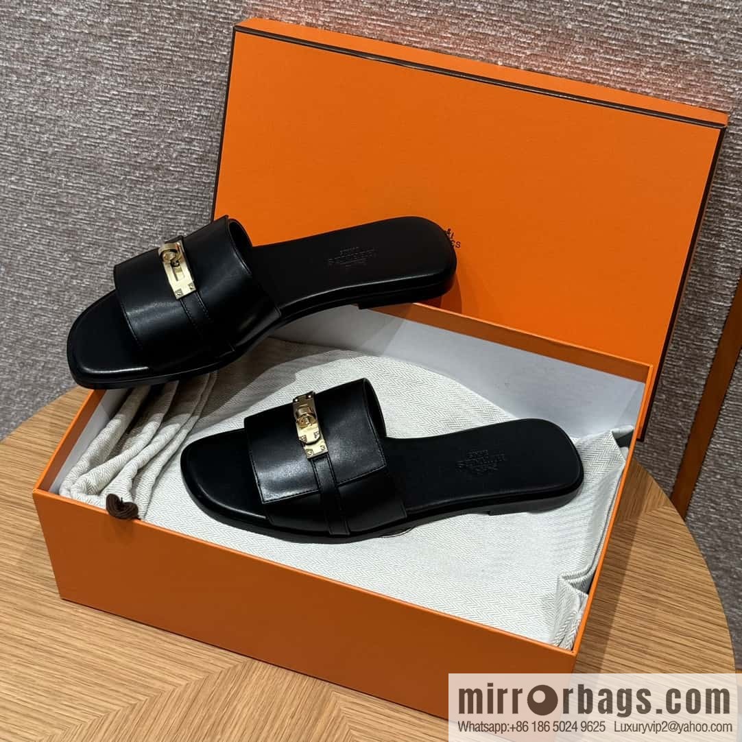 HERMES 183Kelly tow sandals Giulia calfskin /Calfskin black/CK89/Noir