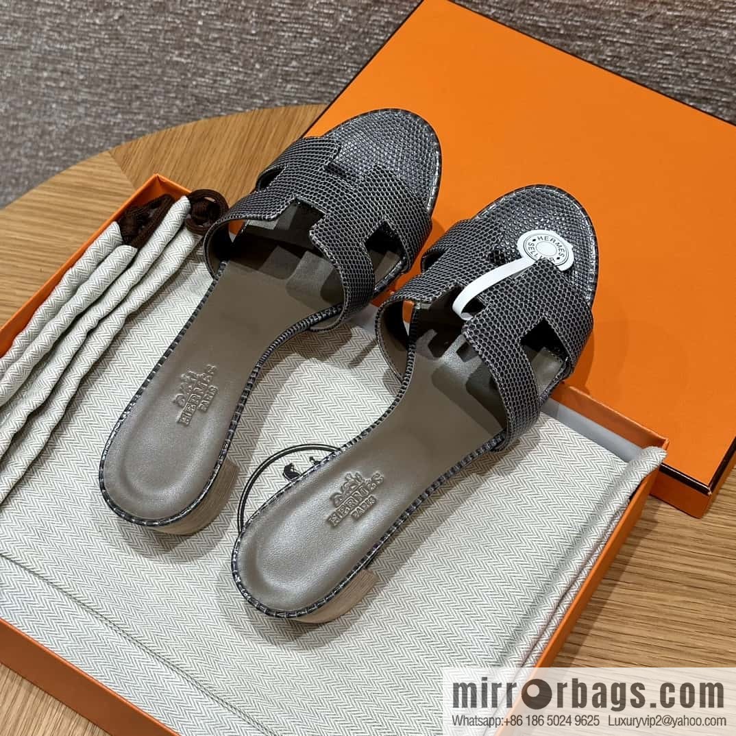 HERMES 185 Oasis High Heel Sandals, Lizard 🦎/Lizard Hemp Rope Grey/84/Gris fonce