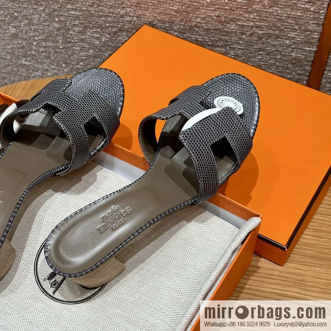 HERMES 185 Oasis High Heel Sandals, Lizard 🦎/Lizard Hemp Rope Grey/84/Gris fonce