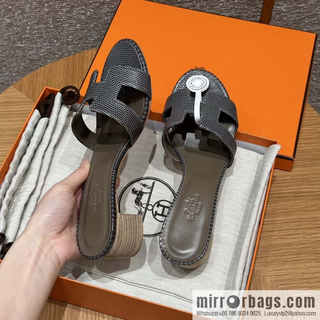 HERMES 185 Oasis High Heel Sandals, Lizard 🦎/Lizard Hemp Rope Grey/84/Gris fonce