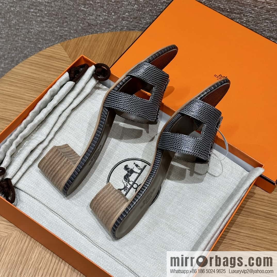 HERMES 185 Oasis High Heel Sandals, Lizard 🦎/Lizard Hemp Rope Grey/84/Gris fonce