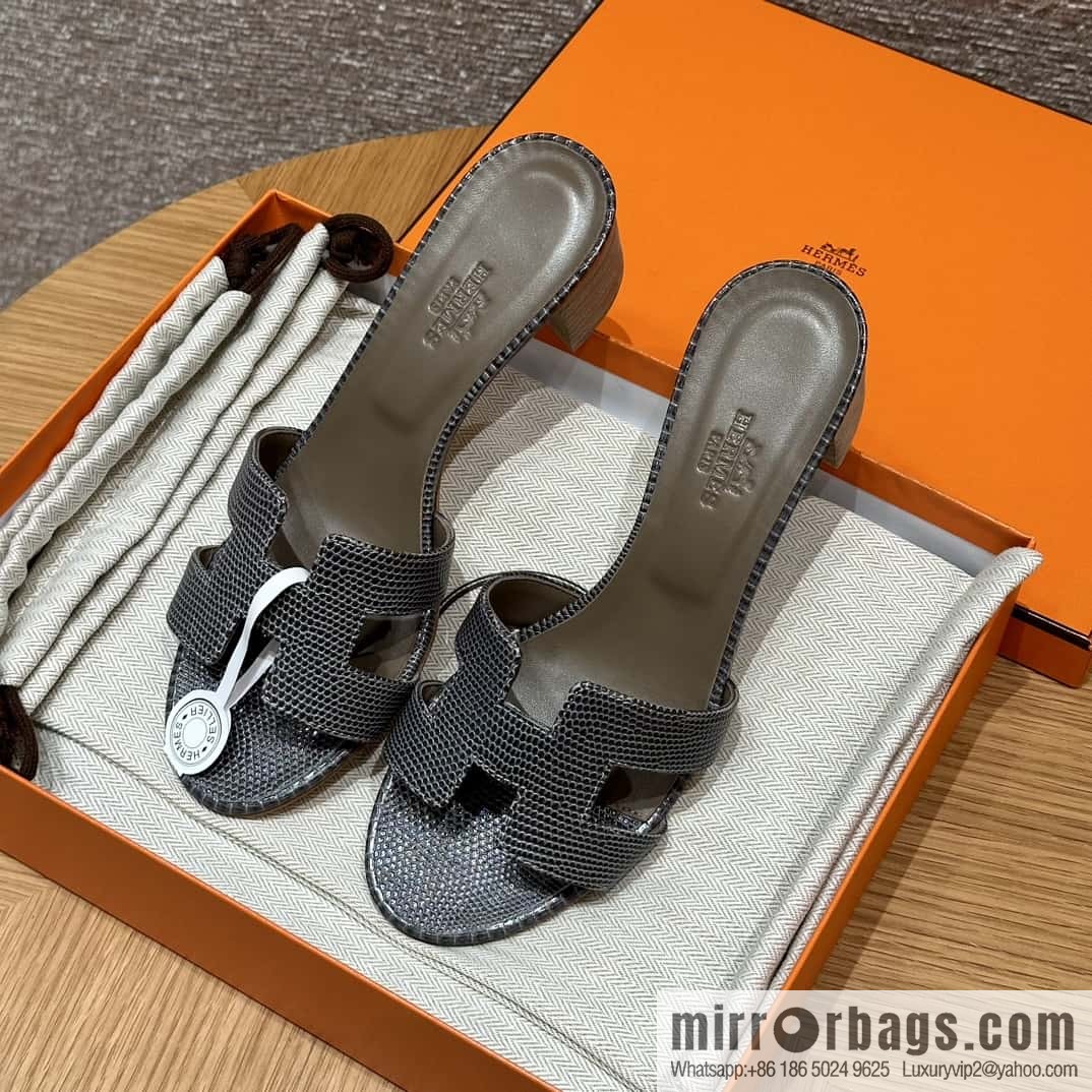 HERMES 185 Oasis High Heel Sandals, Lizard 🦎/Lizard Hemp Rope Grey/84/Gris fonce