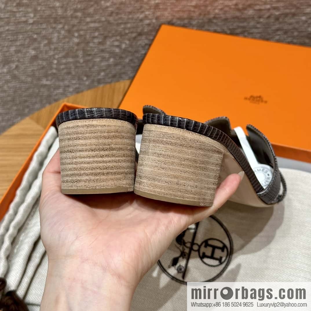 HERMES 185 Oasis High Heel Sandals, Lizard 🦎/Lizard Hemp Rope Grey/84/Gris fonce