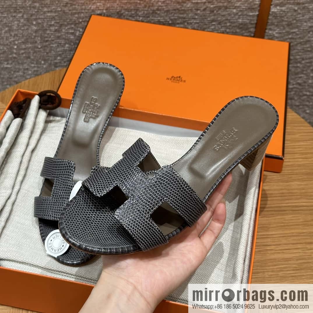HERMES 185 Oasis High Heel Sandals, Lizard 🦎/Lizard Hemp Rope Grey/84/Gris fonce