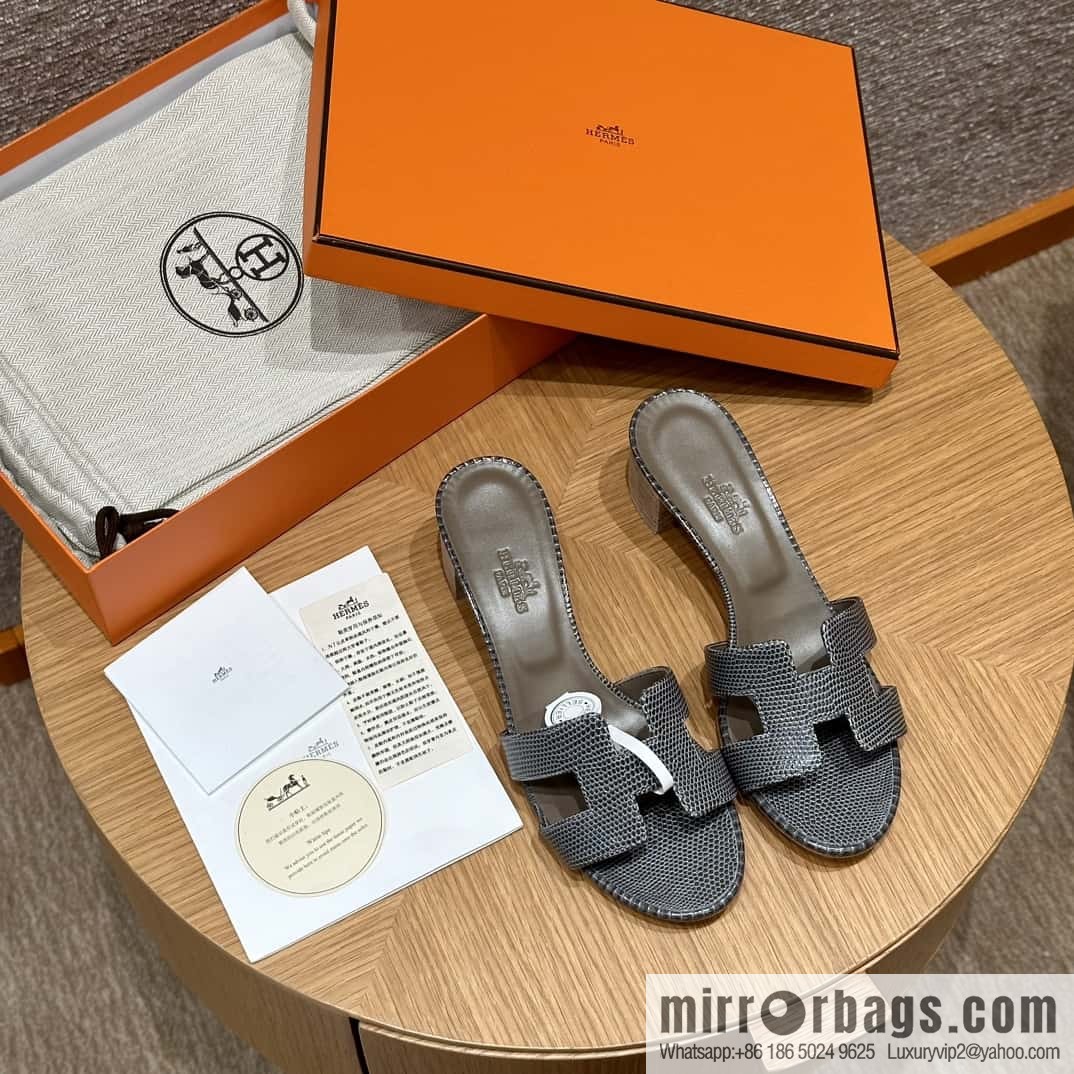 HERMES 185 Oasis High Heel Sandals, Lizard 🦎/Lizard Hemp Rope Grey/84/Gris fonce
