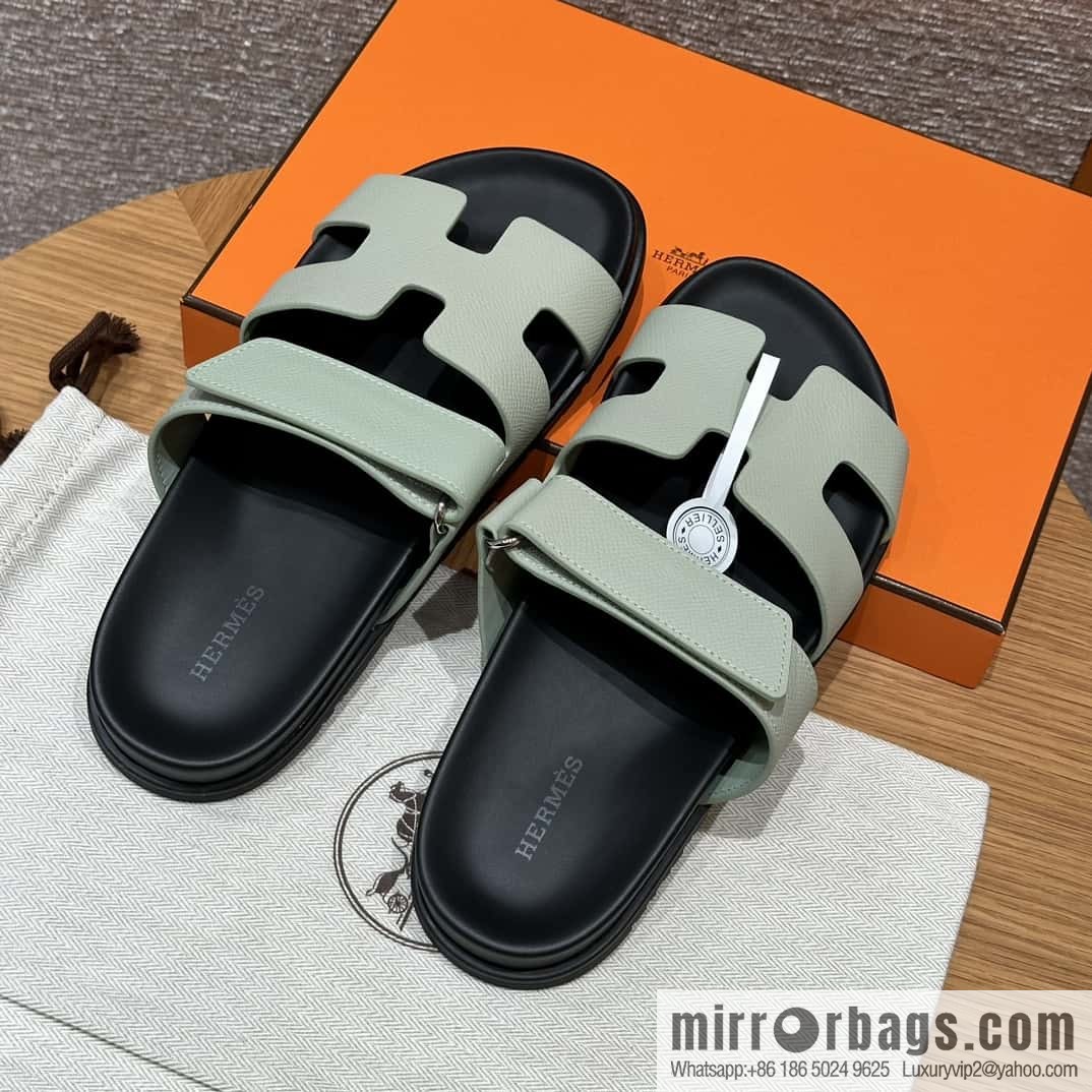 HERMES 225 CHYPRE SANDAL uncle shoes, palm print cowhide/Epsom sea foam green/Sea foam green