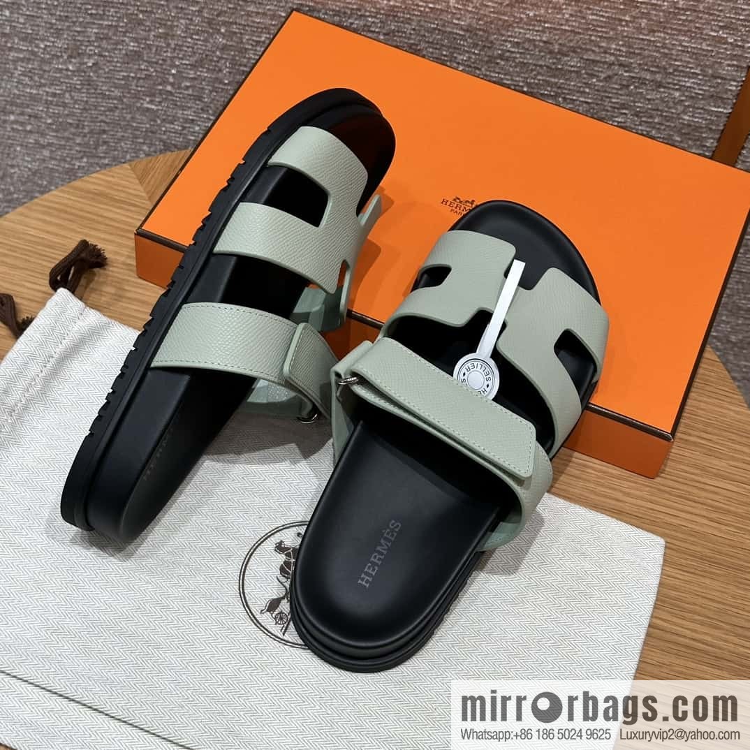 HERMES 225 CHYPRE SANDAL uncle shoes, palm print cowhide/Epsom sea foam green/Sea foam green