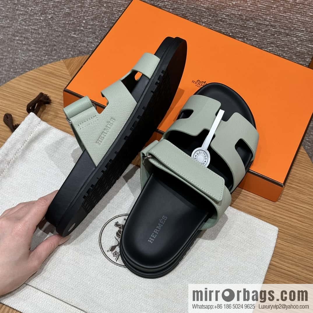 HERMES 225 CHYPRE SANDAL uncle shoes, palm print cowhide/Epsom sea foam green/Sea foam green
