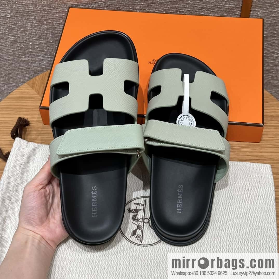 HERMES 225 CHYPRE SANDAL uncle shoes, palm print cowhide/Epsom sea foam green/Sea foam green