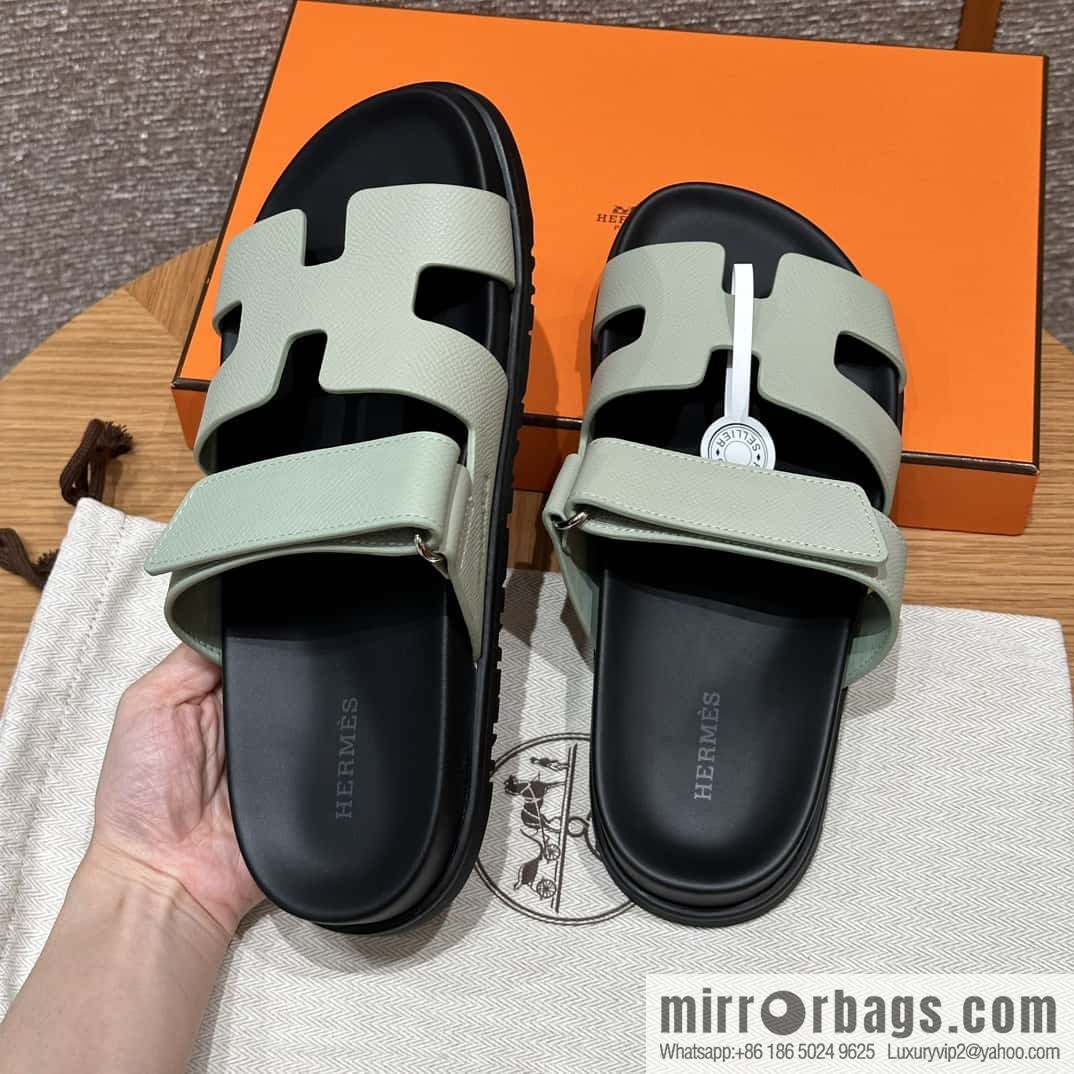 HERMES 225 CHYPRE SANDAL uncle shoes, palm print cowhide/Epsom sea foam green/Sea foam green