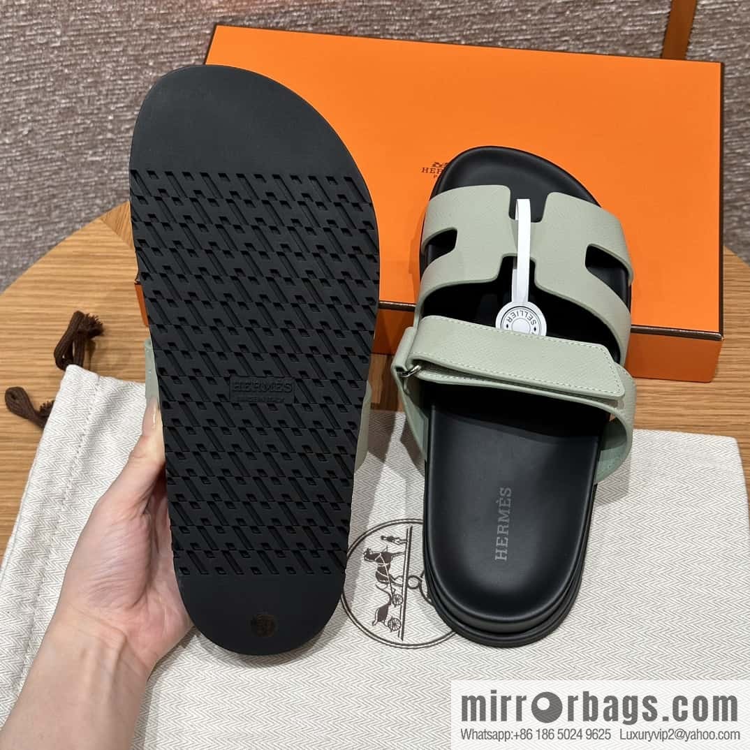 HERMES 225 CHYPRE SANDAL uncle shoes, palm print cowhide/Epsom sea foam green/Sea foam green