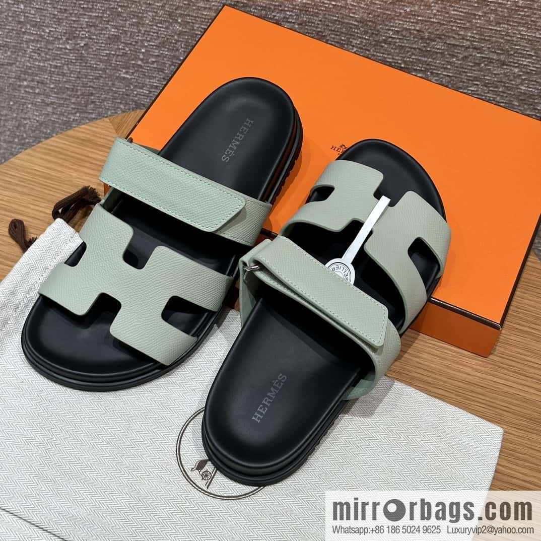 HERMES 225 CHYPRE SANDAL uncle shoes, palm print cowhide/Epsom sea foam green/Sea foam green