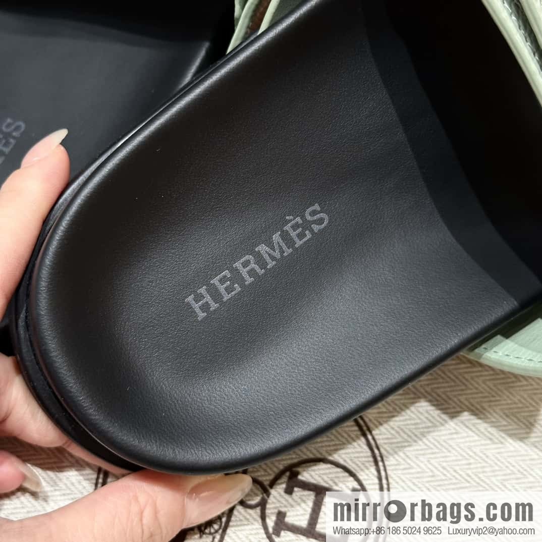 HERMES 225 CHYPRE SANDAL uncle shoes, palm print cowhide/Epsom sea foam green/Sea foam green