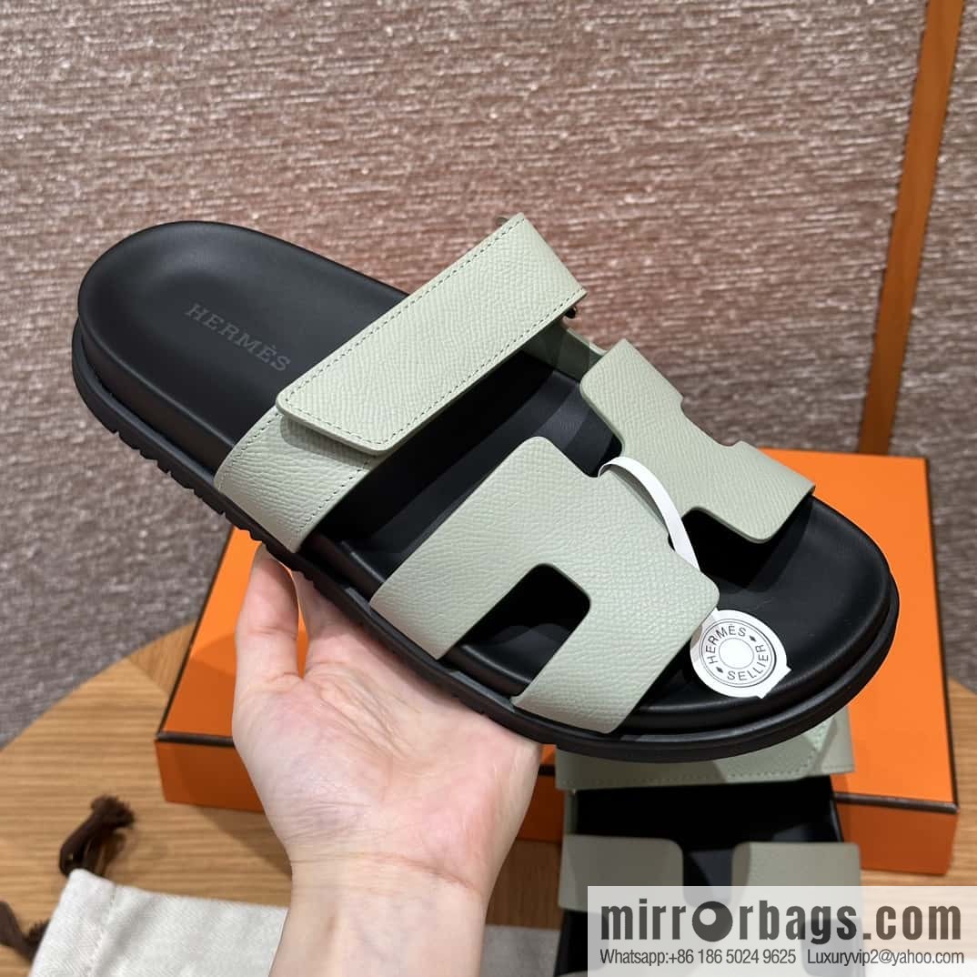 HERMES 225 CHYPRE SANDAL uncle shoes, palm print cowhide/Epsom sea foam green/Sea foam green