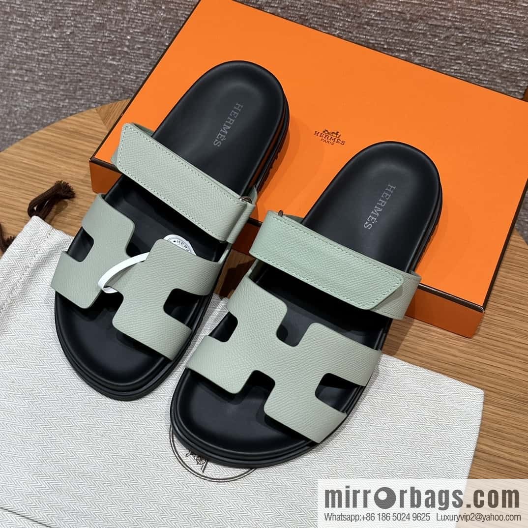 HERMES 225 CHYPRE SANDAL uncle shoes, palm print cowhide/Epsom sea foam green/Sea foam green