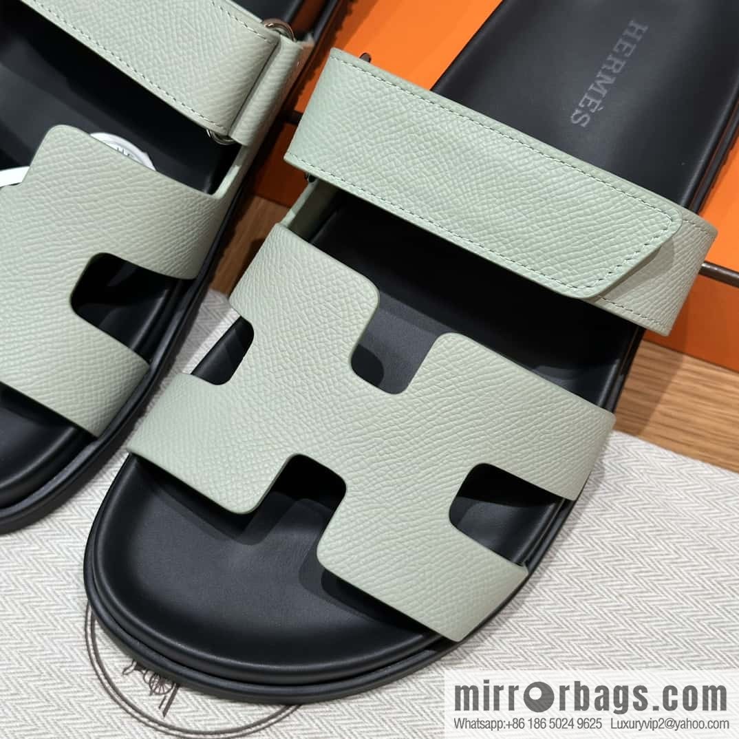 HERMES 225 CHYPRE SANDAL uncle shoes, palm print cowhide/Epsom sea foam green/Sea foam green