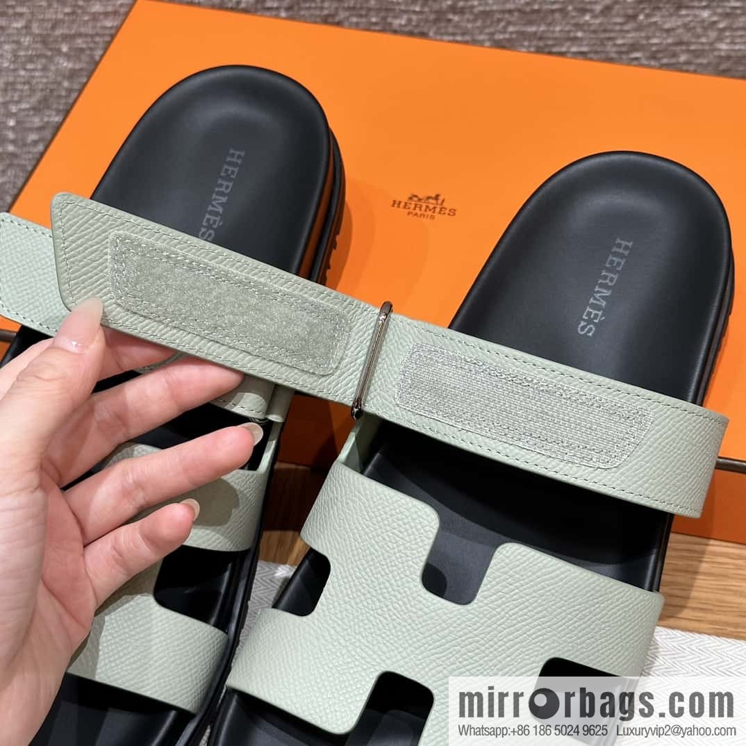HERMES 225 CHYPRE SANDAL uncle shoes, palm print cowhide/Epsom sea foam green/Sea foam green