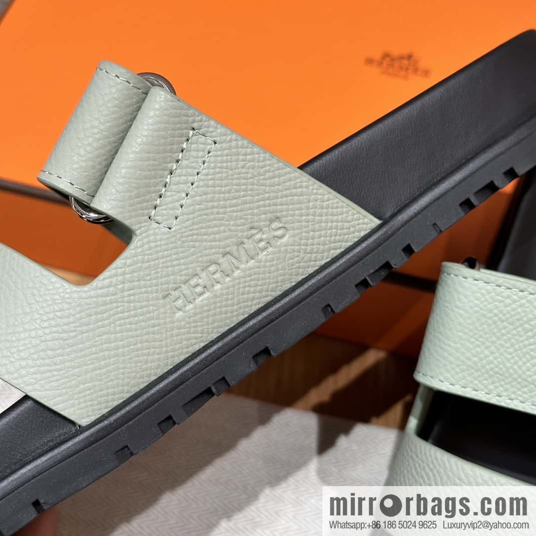 HERMES 225 CHYPRE SANDAL uncle shoes, palm print cowhide/Epsom sea foam green/Sea foam green