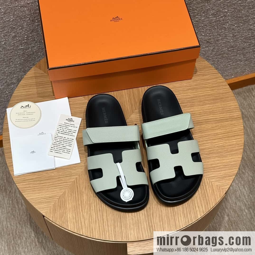 HERMES 225 CHYPRE SANDAL uncle shoes, palm print cowhide/Epsom sea foam green/Sea foam green