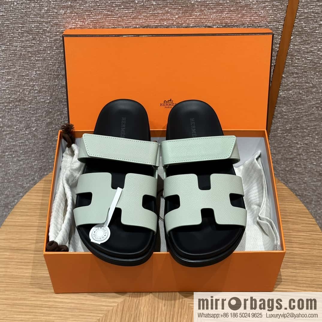 HERMES 225 CHYPRE SANDAL uncle shoes, palm print cowhide/Epsom sea foam green/Sea foam green