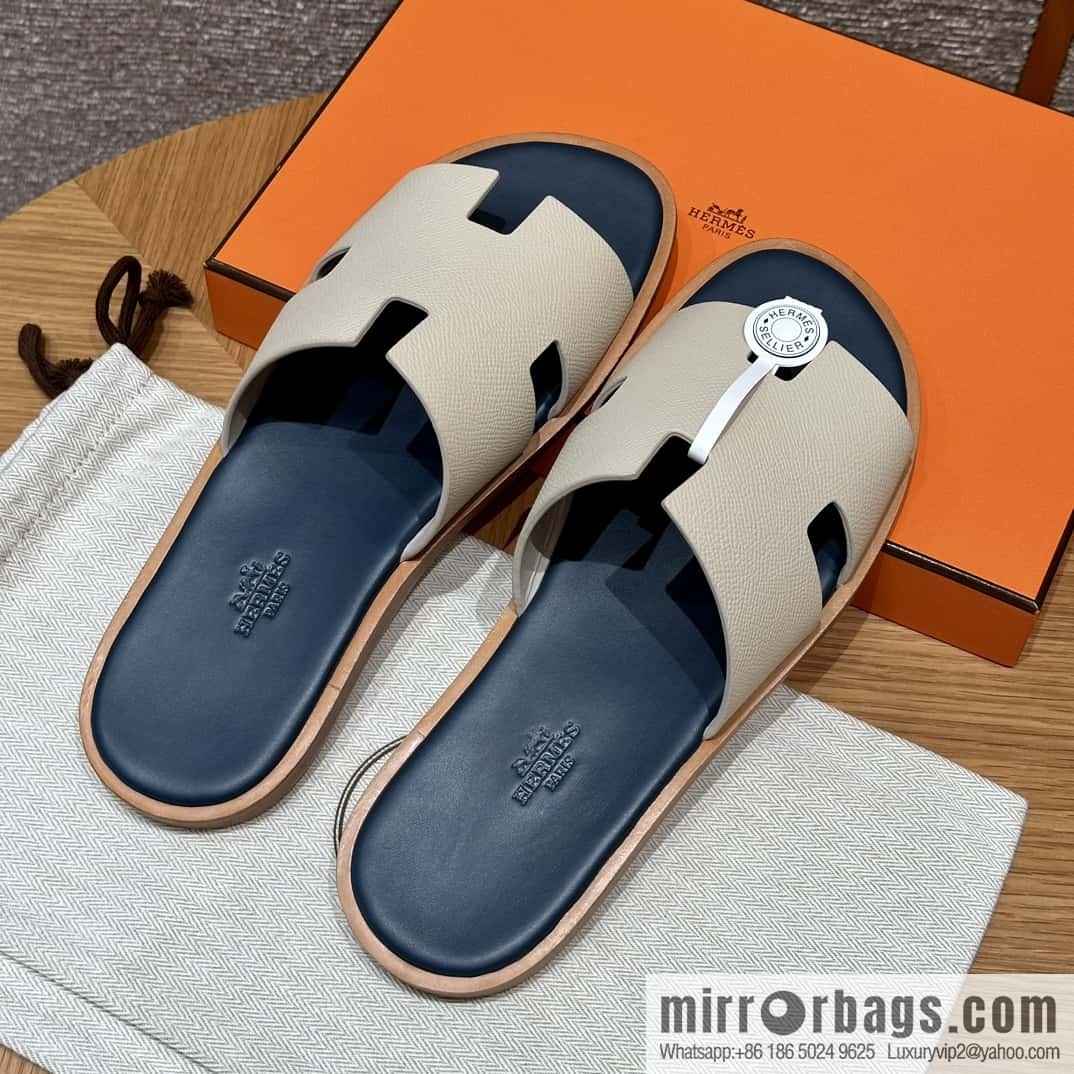 HERMES 182 Men's slippers Men's slippers Palmprint Calfskin/Epsom/Calfskin Milkshake White/ck10/Craie