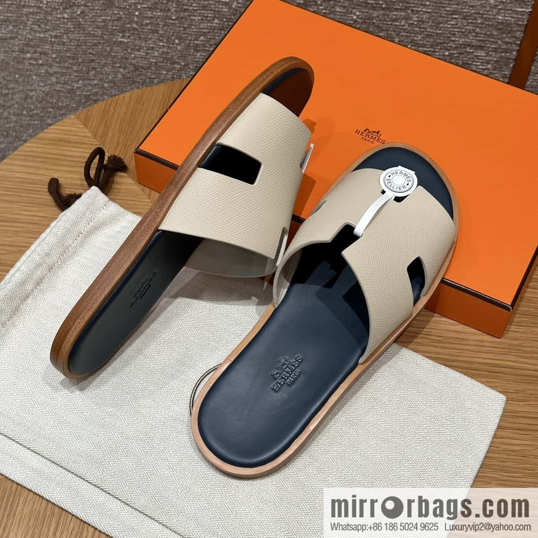 HERMES 182 Men's slippers Men's slippers Palmprint Calfskin/Epsom/Calfskin Milkshake White/ck10/Craie