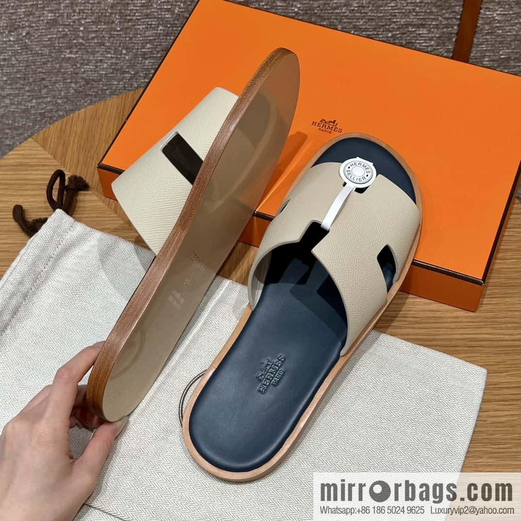 HERMES 182 Men's slippers Men's slippers Palmprint Calfskin/Epsom/Calfskin Milkshake White/ck10/Craie