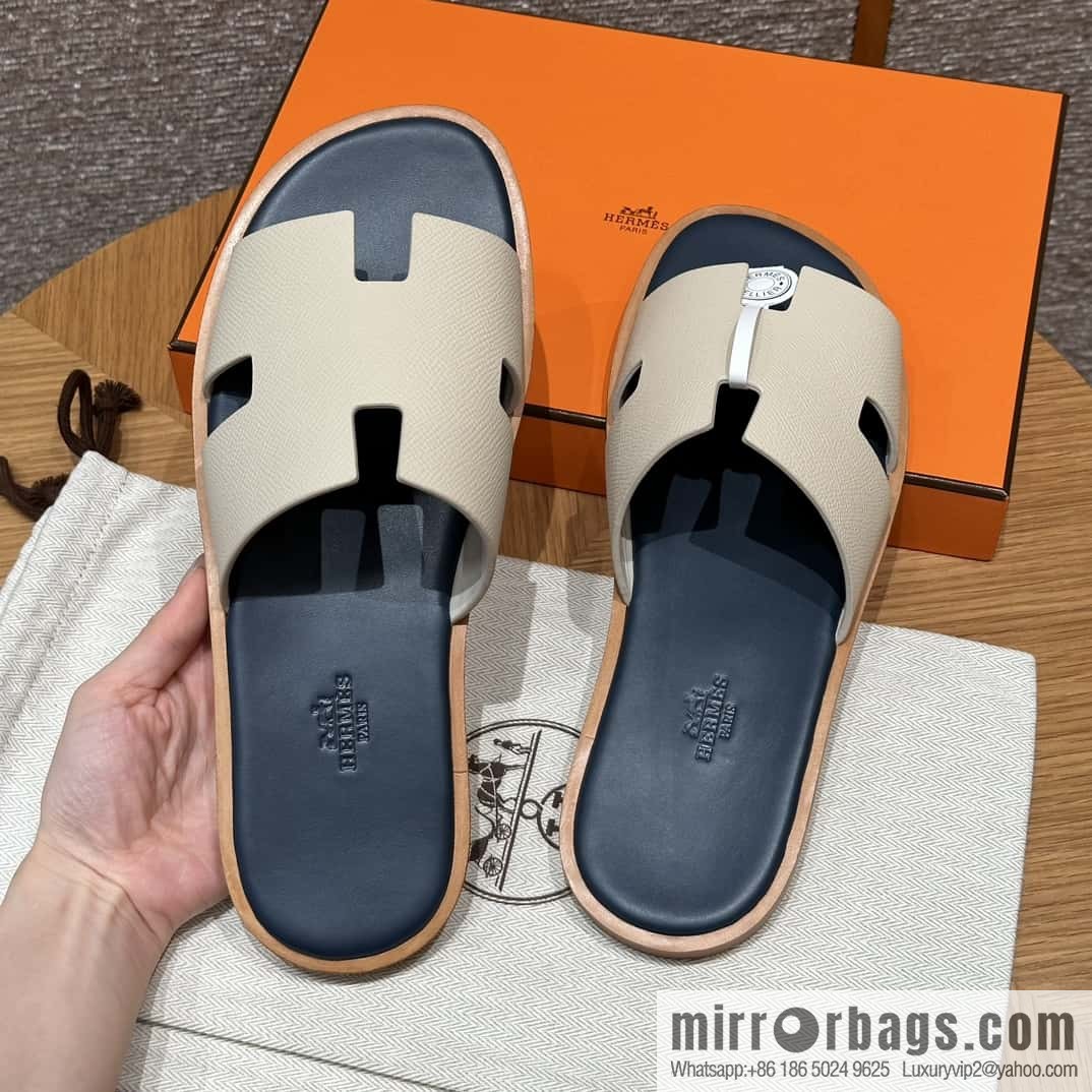 HERMES 182 Men's slippers Men's slippers Palmprint Calfskin/Epsom/Calfskin Milkshake White/ck10/Craie