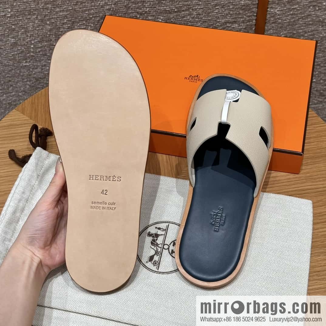 HERMES 182 Men's slippers Men's slippers Palmprint Calfskin/Epsom/Calfskin Milkshake White/ck10/Craie