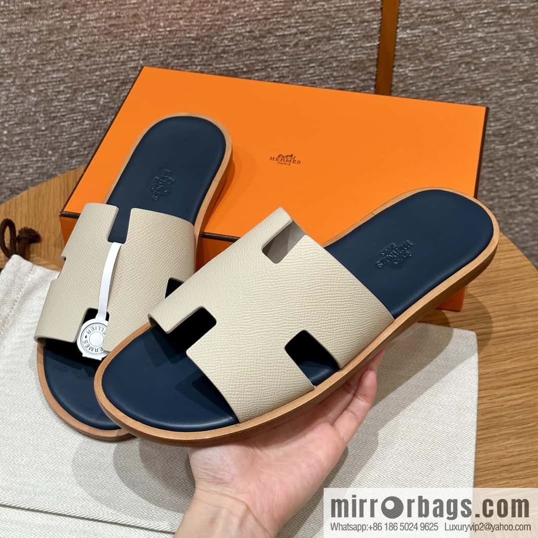 HERMES 182 Men's slippers Men's slippers Palmprint Calfskin/Epsom/Calfskin Milkshake White/ck10/Craie