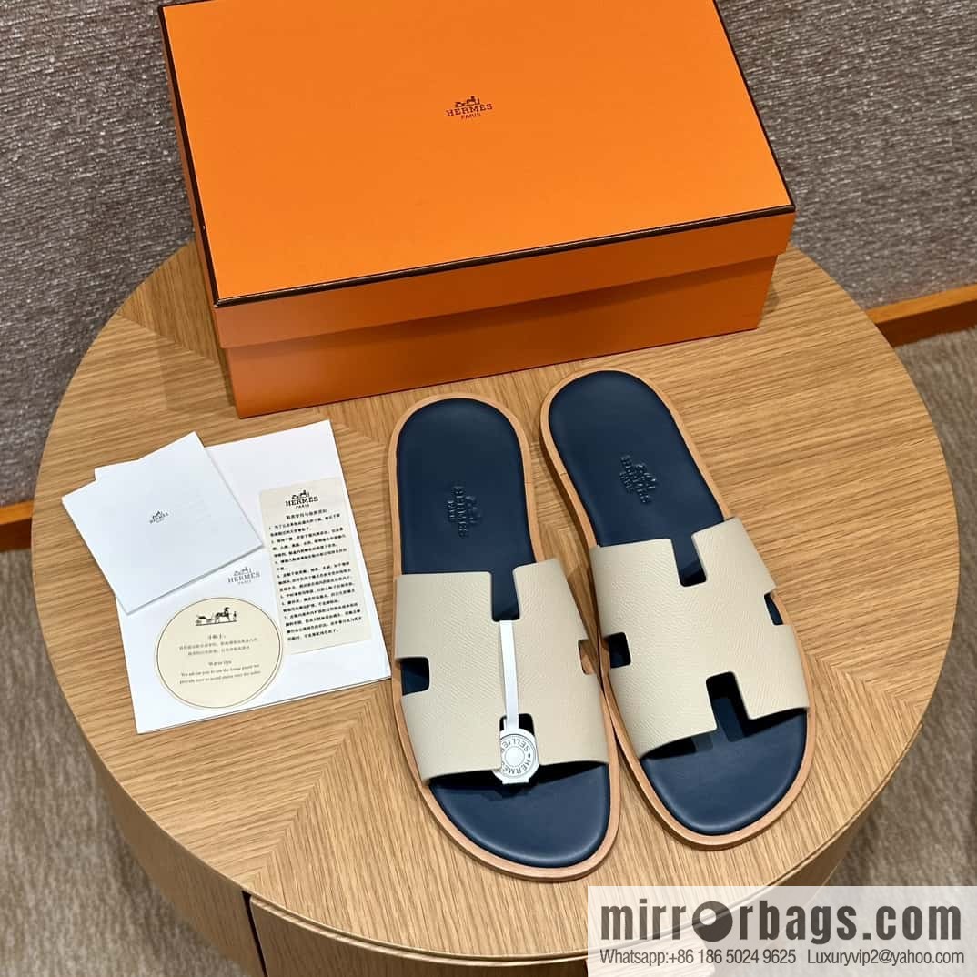 HERMES 182 Men's slippers Men's slippers Palmprint Calfskin/Epsom/Calfskin Milkshake White/ck10/Craie