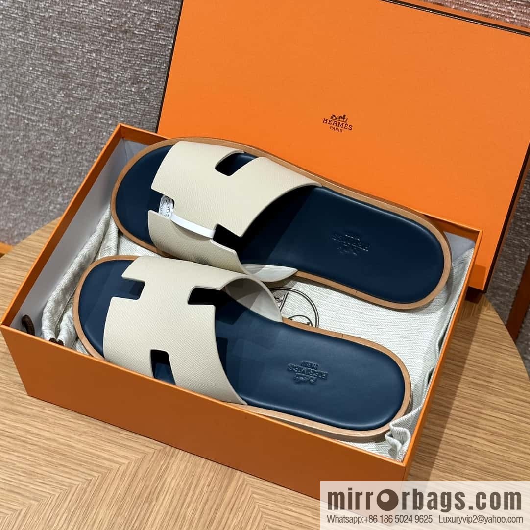 HERMES 182 Men's slippers Men's slippers Palmprint Calfskin/Epsom/Calfskin Milkshake White/ck10/Craie