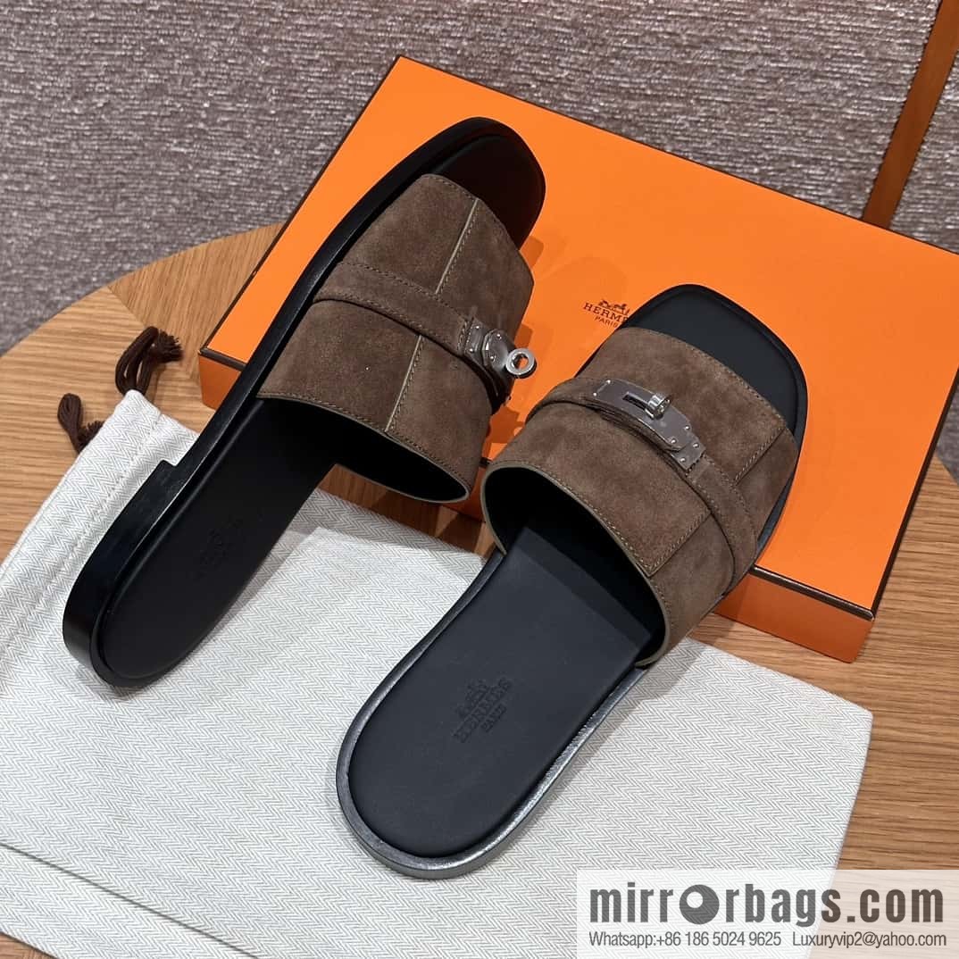 HERMES 183 GABRIEL Men's sandals, suede/Chamois leather brown/brown