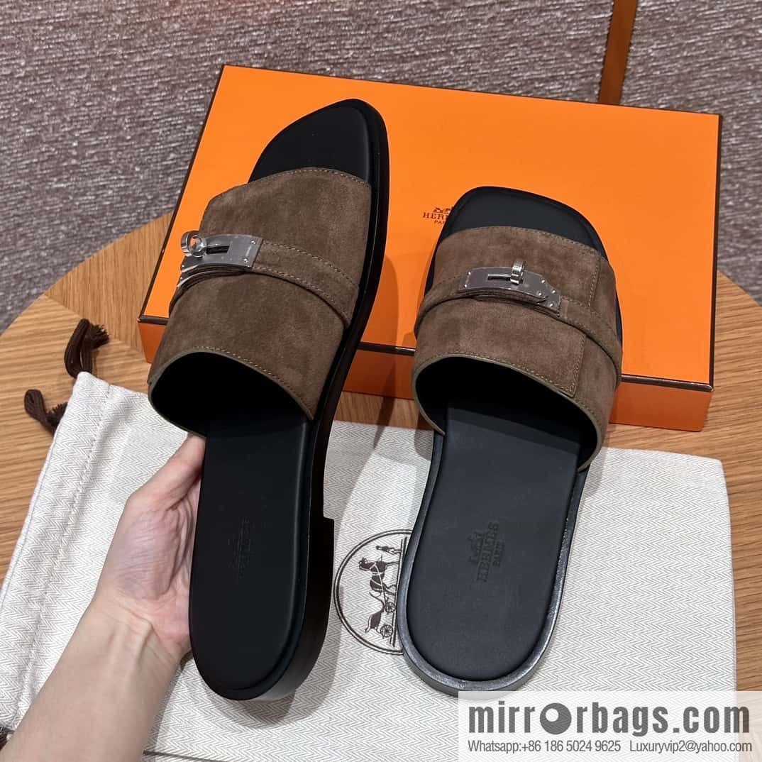 HERMES 183 GABRIEL Men's sandals, suede/Chamois leather brown/brown