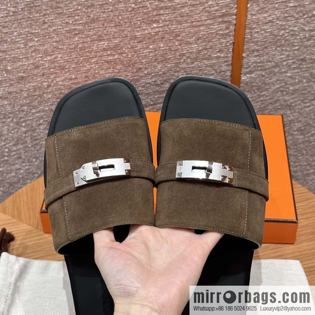 HERMES 183 GABRIEL Men's sandals, suede/Chamois leather brown/brown