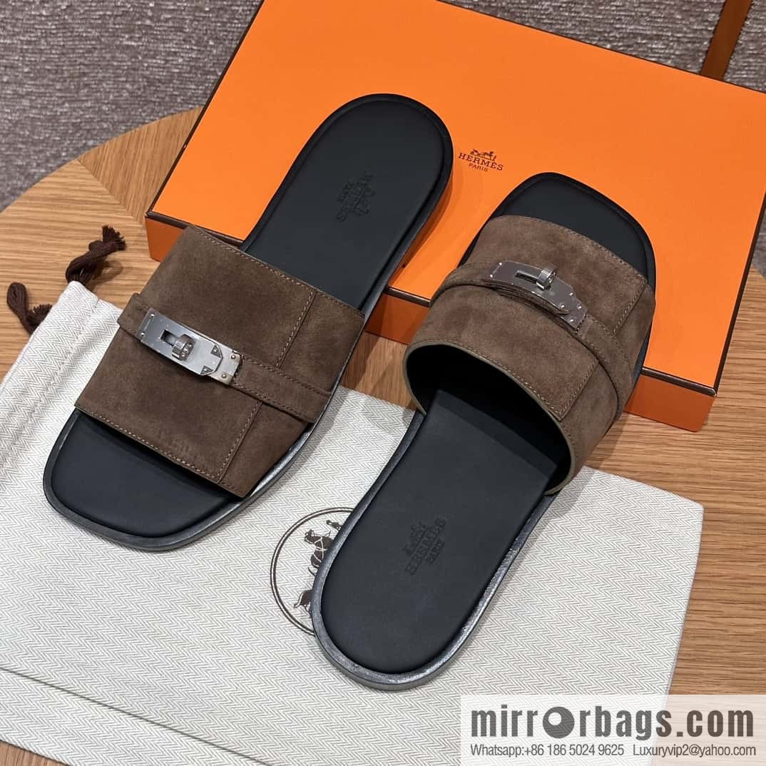 HERMES 183 GABRIEL Men's sandals, suede/Chamois leather brown/brown