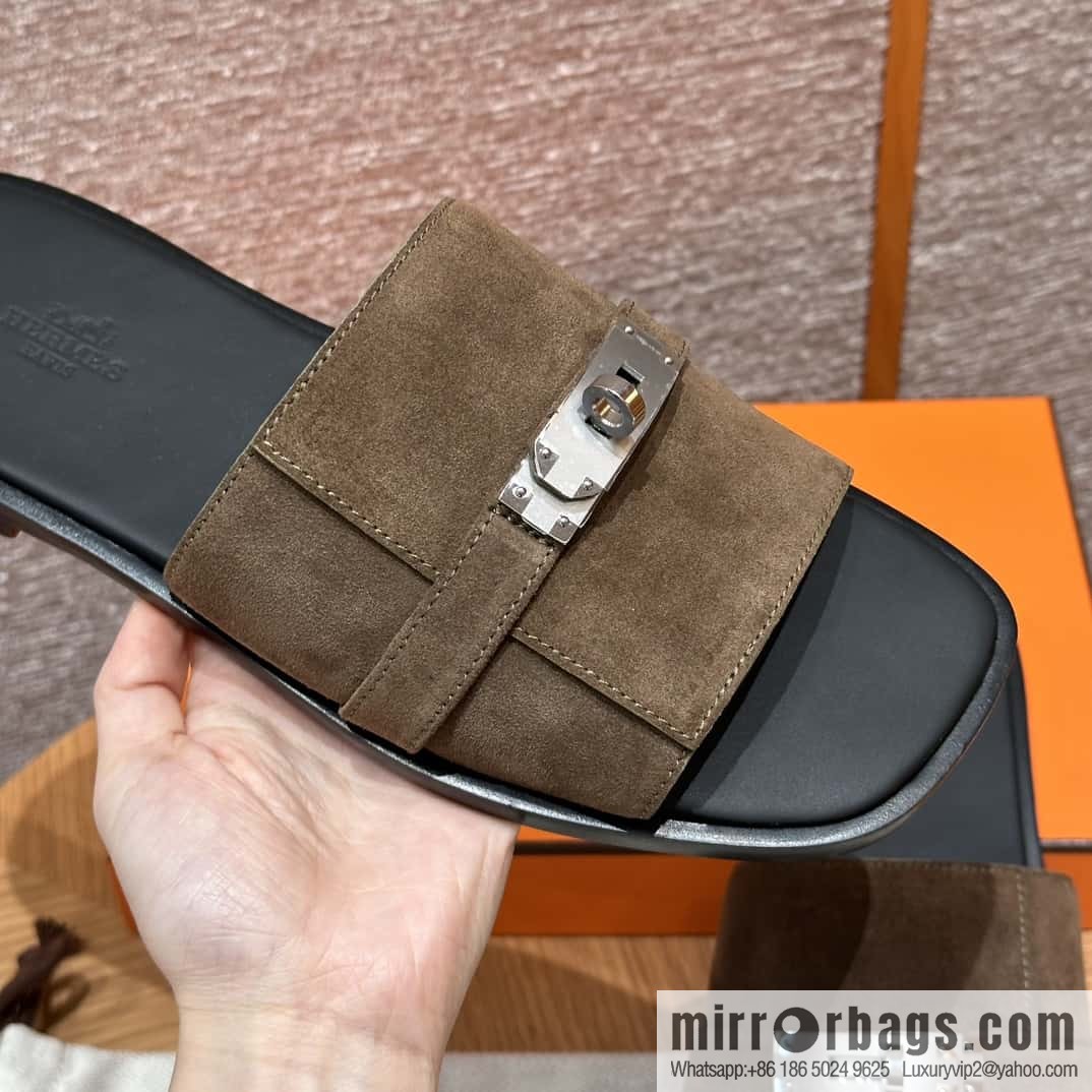HERMES 183 GABRIEL Men's sandals, suede/Chamois leather brown/brown