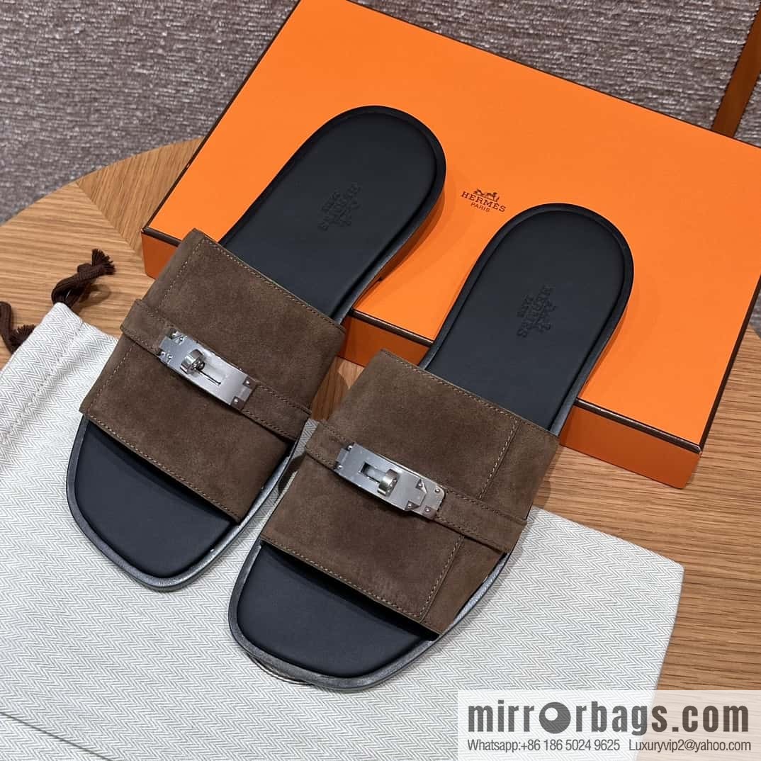 HERMES 183 GABRIEL Men's sandals, suede/Chamois leather brown/brown