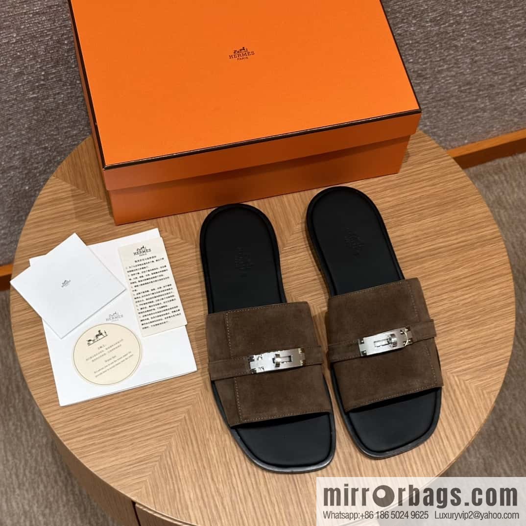 HERMES 183 GABRIEL Men's sandals, suede/Chamois leather brown/brown